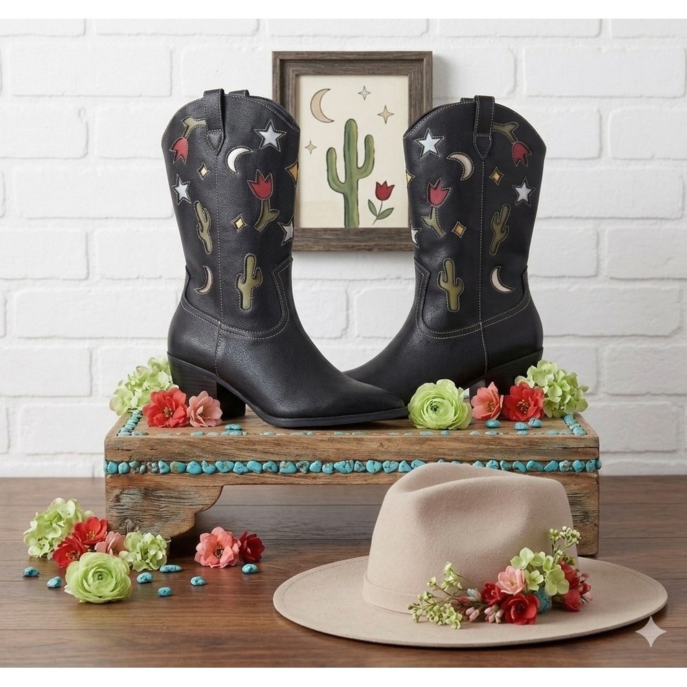 NO BO‎ boho Black Western Embroidered Cowgirl Cactus Star festival Boot 🤠 11